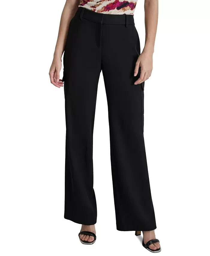 DKNY Petite Mid-Rise Straight-Leg Cargo Pants Women's 2P Black Zip Hook & Bar