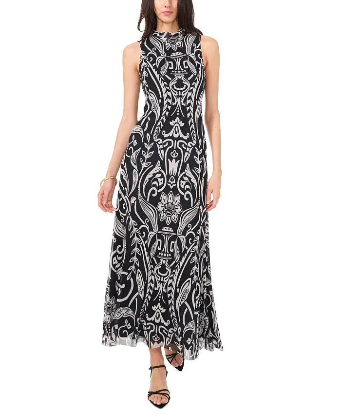Vince Camuto High-Neck Mesh-Overlay Dress Women's XS Black/White Sleeveless