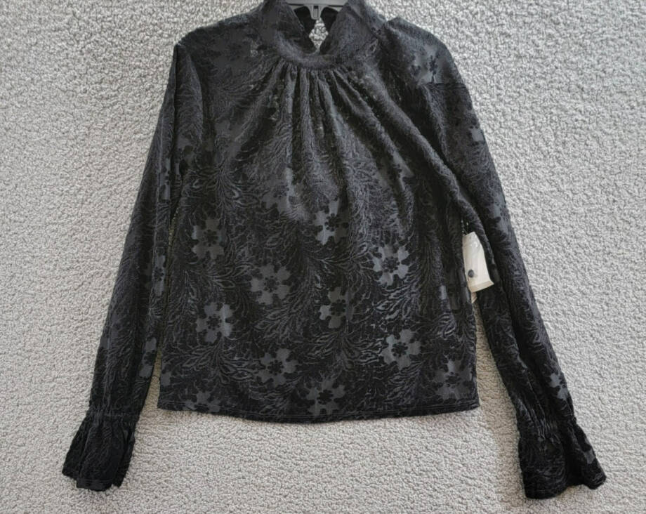 1.STATE High-Neck Open-Back Long-Sleeve Blouse Women's XS Black Button Closure