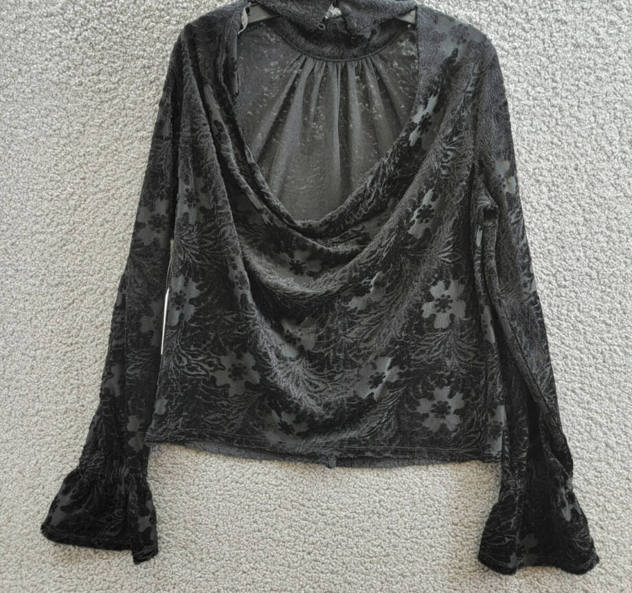 1.STATE High-Neck Open-Back Long-Sleeve Blouse Women's XS Black Button Closure