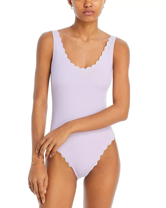 AQUA Swim Scalloped One Piece Swimsuit Women's XS Lilac Solid Scoop Neck Pull On