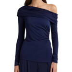 Lauren Ralph Lauren Off Shoulder Top Women's S Navy Solid Long Sleeve Pullover