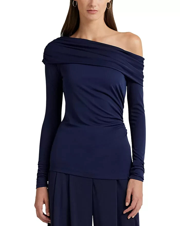 Lauren Ralph Lauren Off Shoulder Top Women's S Navy Solid Long Sleeve Pullover