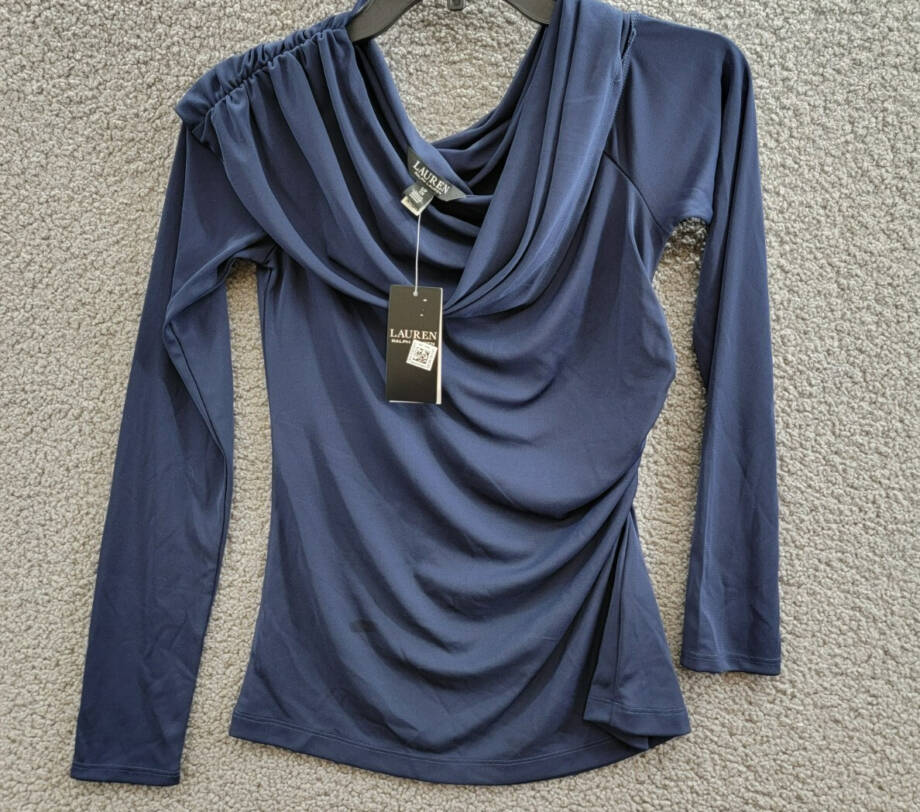 Lauren Ralph Lauren Off Shoulder Top Women's S Navy Solid Long Sleeve Pullover