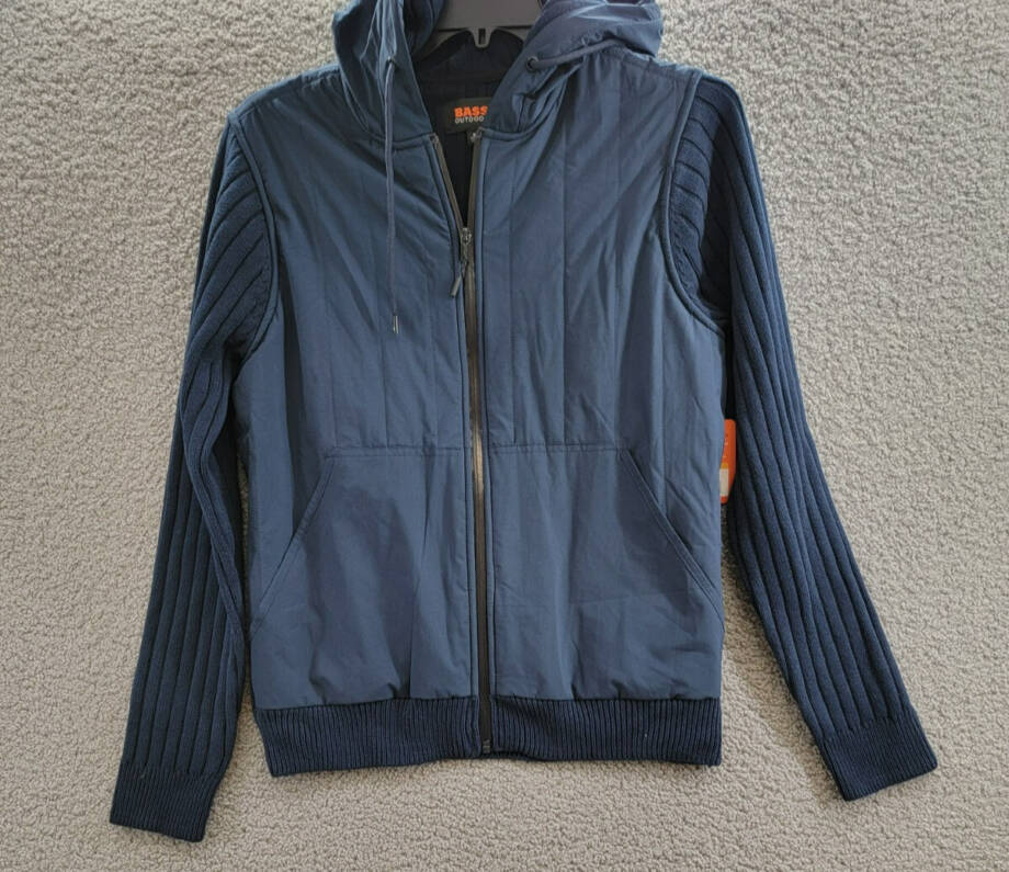 BASS OUTDOOR Mixed Media Zip-Front Hooded Sweater Jacket Men's S Navy Blazer L/S