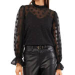 1.STATE Mock-Neck Balloon-Sleeve Polka Dot Blouse Women's S Black Button Back