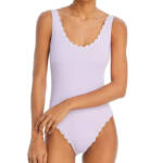 Aqua Scalloped Trim One Piece Swimsuit Women's S Lilac Solid Scoop Neck Pull On
