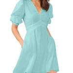 1.STATE Bubble Sleeve V-Neck Dress Women's XXS Blue River Short Sleeve Back Zip