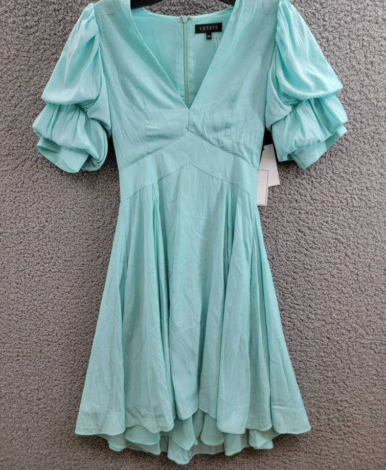 1.STATE Bubble Sleeve V-Neck Dress Women's XXS Blue River Short Sleeve Back Zip