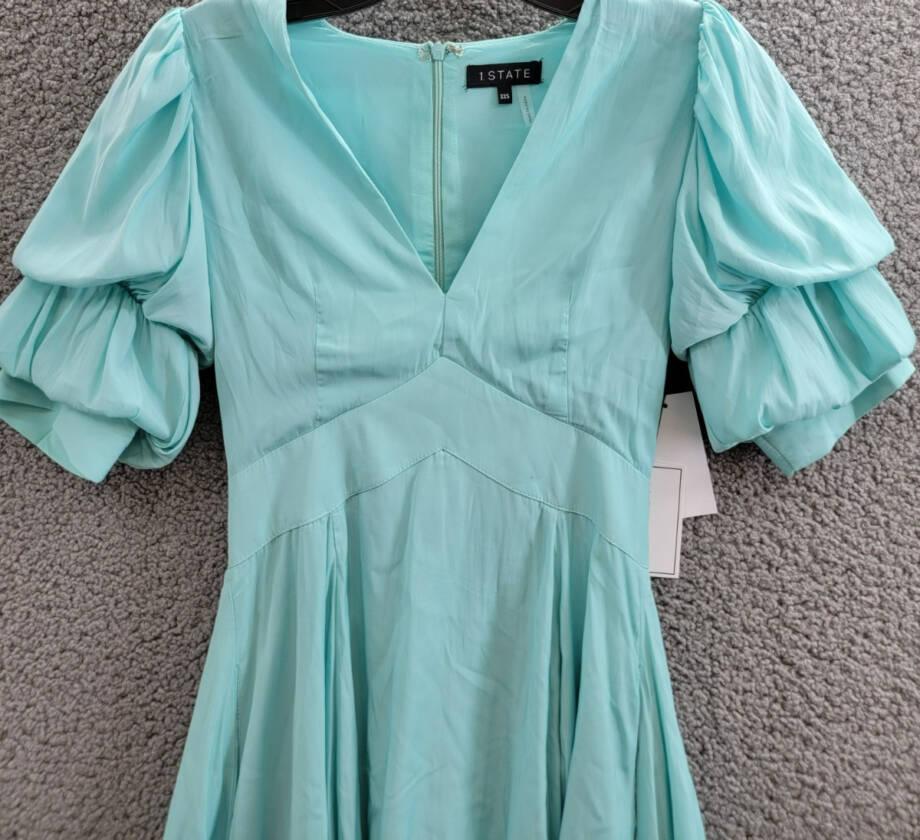 1.STATE Bubble Sleeve V-Neck Dress Women's XXS Blue River Short Sleeve Back Zip