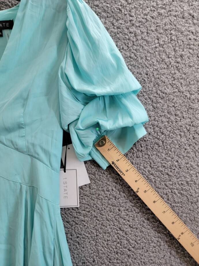 1.STATE Bubble Sleeve V-Neck Dress Women's XXS Blue River Short Sleeve Back Zip