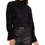 1.STATE High-Neck Open-Back Long-Sleeve Blouse Womens S Black Floral Button Back