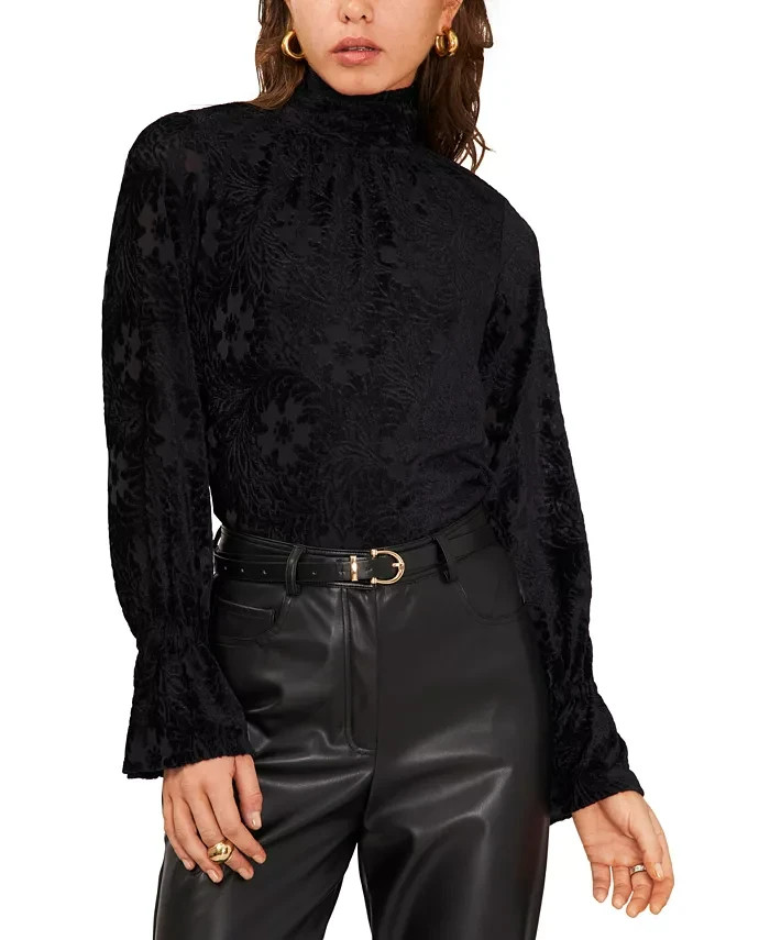 1.STATE High-Neck Open-Back Long-Sleeve Blouse Womens S Black Floral Button Back