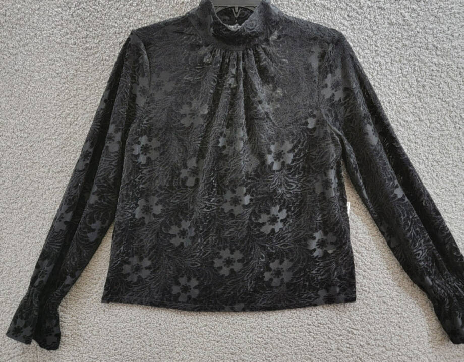 1.STATE High-Neck Open-Back Long-Sleeve Blouse Womens S Black Floral Button Back