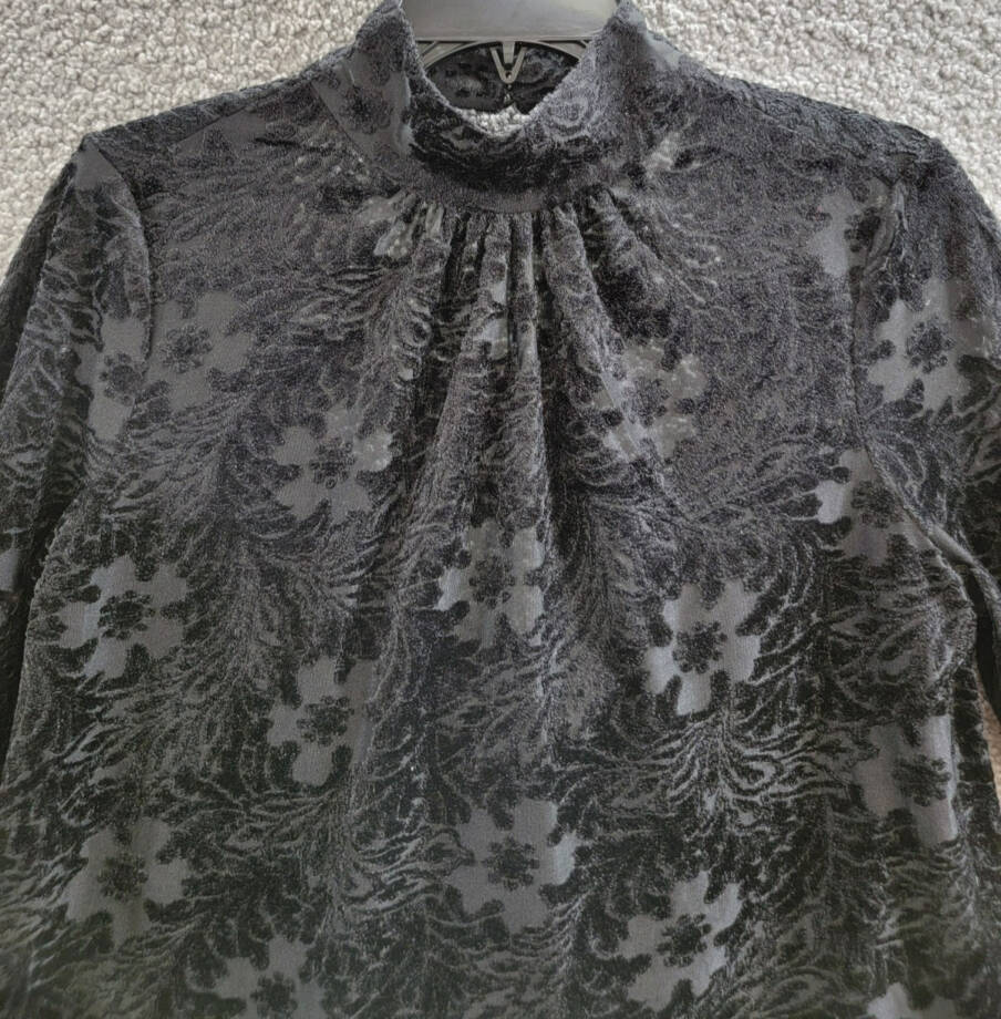 1.STATE High-Neck Open-Back Long-Sleeve Blouse Womens S Black Floral Button Back