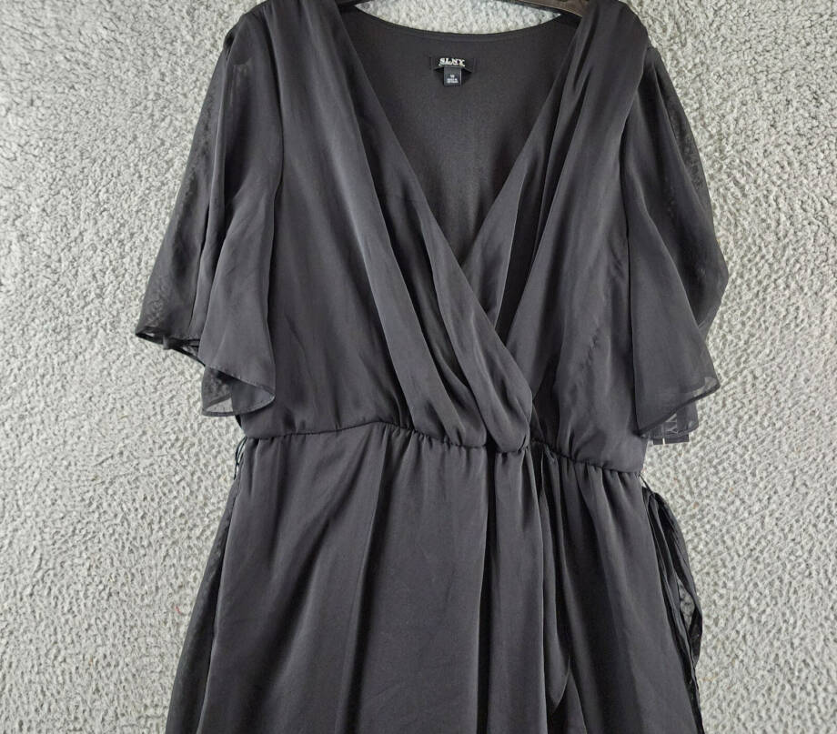 SLNY Fashions Ruffled Wrap Dress Women's 16 Black Surplice V-Neck Tie Waist S/S