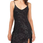 1.STATE Sequined Mini Slip Dress Women's 12 Rich Black Front Slit Vneck Pullover