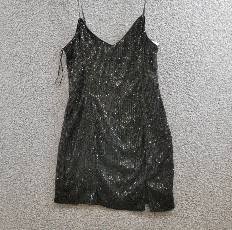 1.STATE Sequined Mini Slip Dress Women's 12 Rich Black Front Slit Vneck Pullover