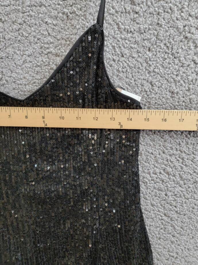 1.STATE Sequined Mini Slip Dress Women's 12 Rich Black Front Slit Vneck Pullover