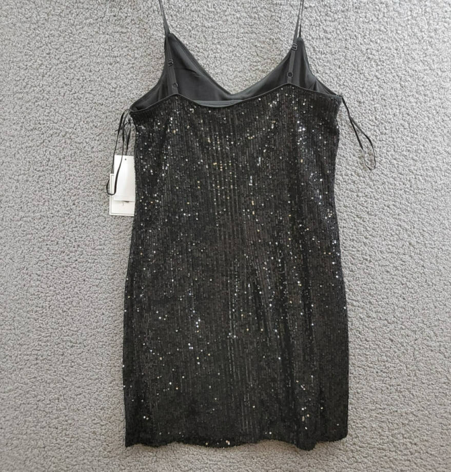 1.STATE Sequined Mini Slip Dress Women's 12 Rich Black Front Slit Vneck Pullover