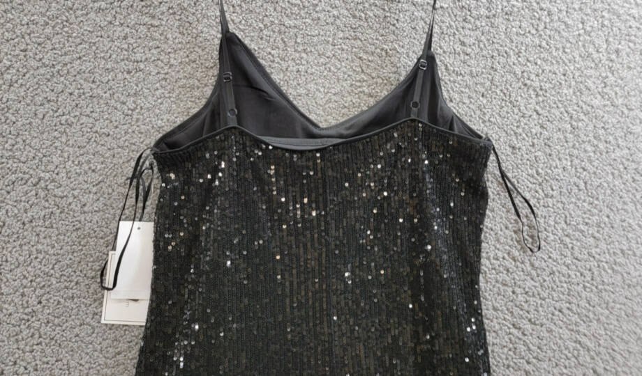 1.STATE Sequined Mini Slip Dress Women's 12 Rich Black Front Slit Vneck Pullover