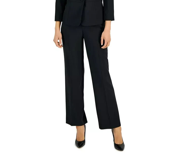 Le Suit Petite Straight Leg Crepe Mid Rise Pants Women's 4P Black Zip Hook & Bar
