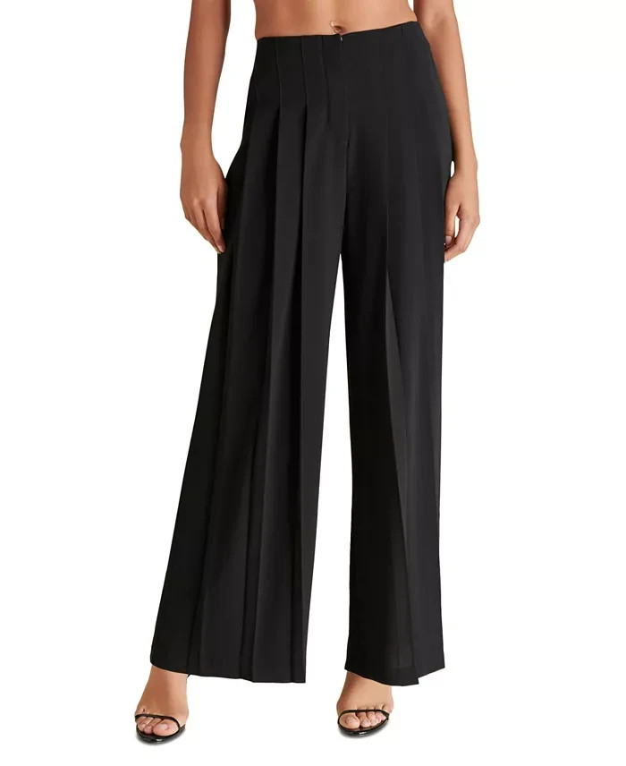 Steve Madden Angelica Pleated Wide-Leg Pants Women's S Black Zip Snap Closure