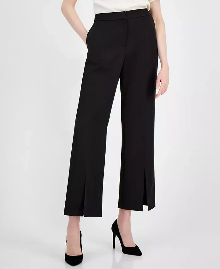 T Tahari Split-Hem Wide-Leg Pants Women's 4 Black Solid Zip Hook & Bar Closure