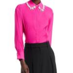 Gracia Faux Peal Trim Collar Top Women's L Fuchsia Button Front Placket L/S