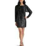 Steve Madden Ginger Sequined Mini Shift Dress Women's 2 Black Boat Neck Pullover