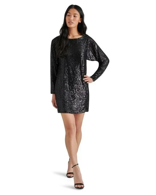 Steve Madden Ginger Sequined Mini Shift Dress Women's 2 Black Boat Neck Pullover