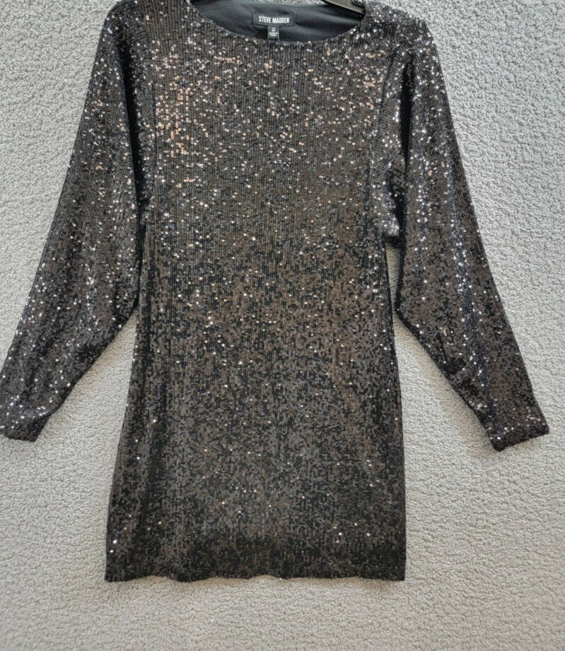 Steve Madden Ginger Sequined Mini Shift Dress Women's 2 Black Boat Neck Pullover