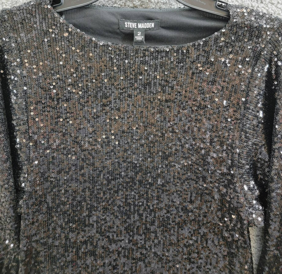 Steve Madden Ginger Sequined Mini Shift Dress Women's 2 Black Boat Neck Pullover