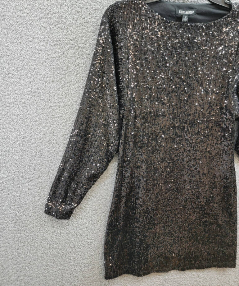 Steve Madden Ginger Sequined Mini Shift Dress Women's 2 Black Boat Neck Pullover