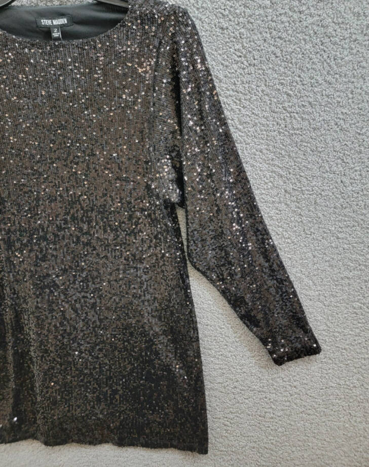 Steve Madden Ginger Sequined Mini Shift Dress Women's 2 Black Boat Neck Pullover