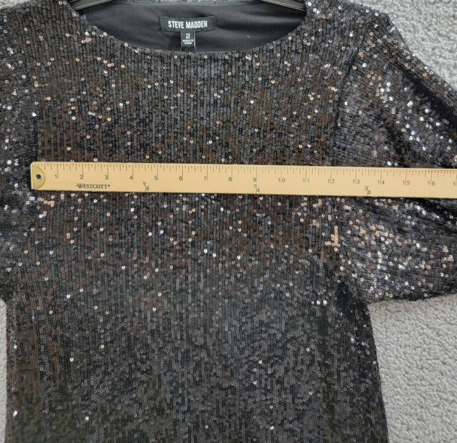 Steve Madden Ginger Sequined Mini Shift Dress Women's 2 Black Boat Neck Pullover