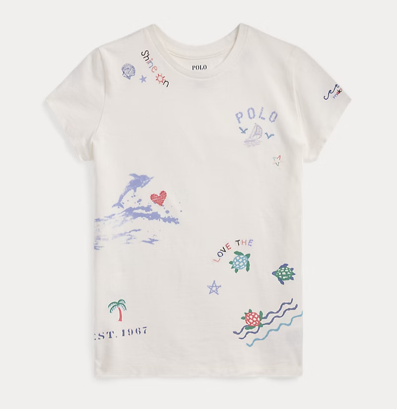 Polo Ralph Lauren Cotton Jersey Graphic T-shirt Girls 5 White Crewneck Pullover