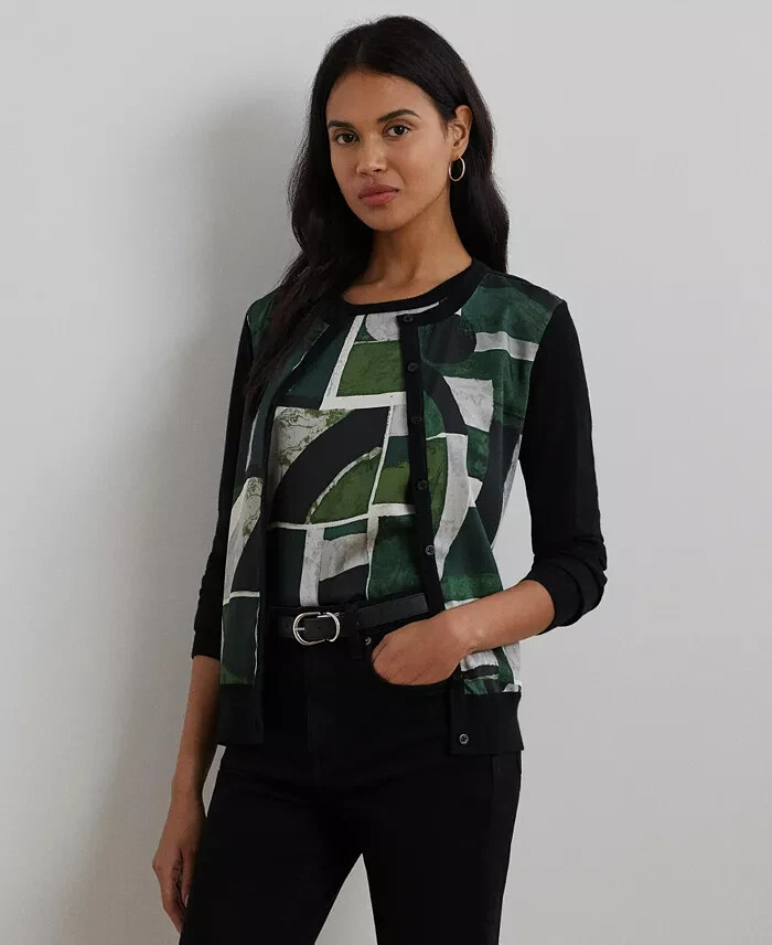Lauren Ralph Lauren Petite Geo-Print Cardigan Women PXS Black Multi Button Front