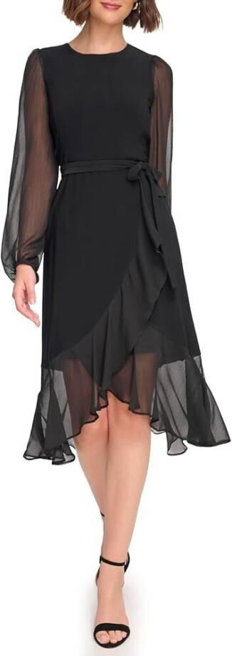 Tommy Hilfiger Jersey Stretch Chiffon Long Sleeve Dress Women's 8 Black Back Zip