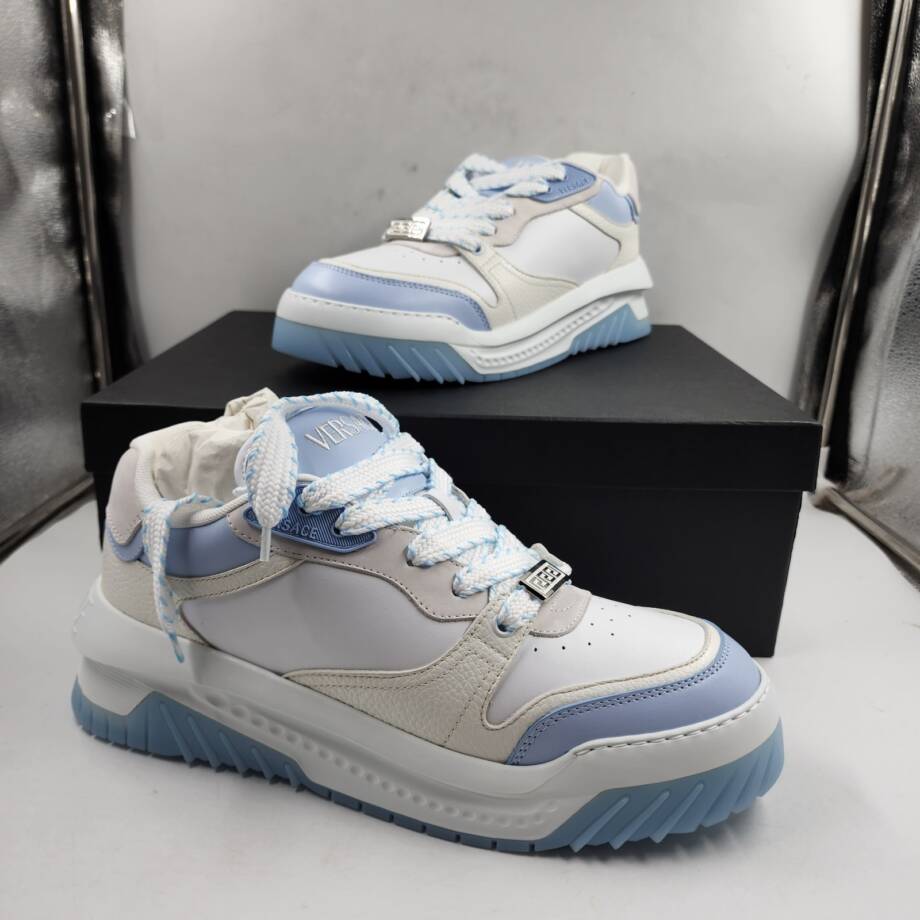 Versace Odissea Leather Low Top Sneakers Men 45 White/Light Blue Lace Up Closure