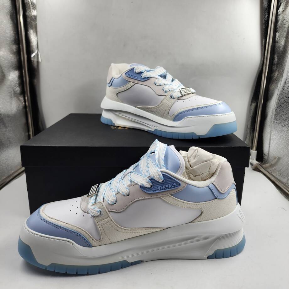 Versace Odissea Leather Low Top Sneakers Men 45 White/Light Blue Lace Up Closure