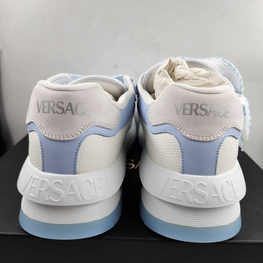 Versace Odissea Leather Low Top Sneakers Men 45 White/Light Blue Lace Up Closure