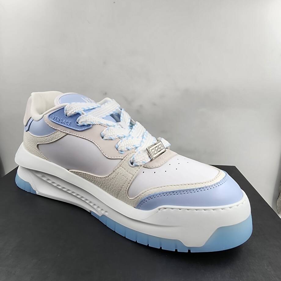 Versace Odissea Leather Low Top Sneakers Men 45 White/Light Blue Lace Up Closure