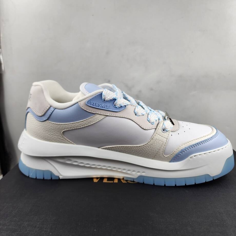 Versace Odissea Leather Low Top Sneakers Men 45 White/Light Blue Lace Up Closure