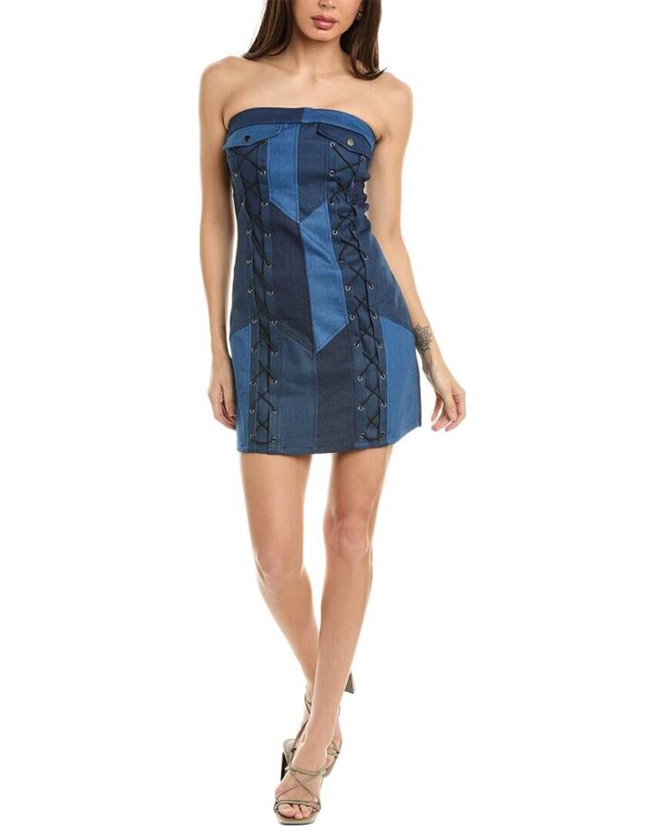 Gracia Criss Cross String Mini Dress Women's M Denim Sleeveless Side Zip Closure