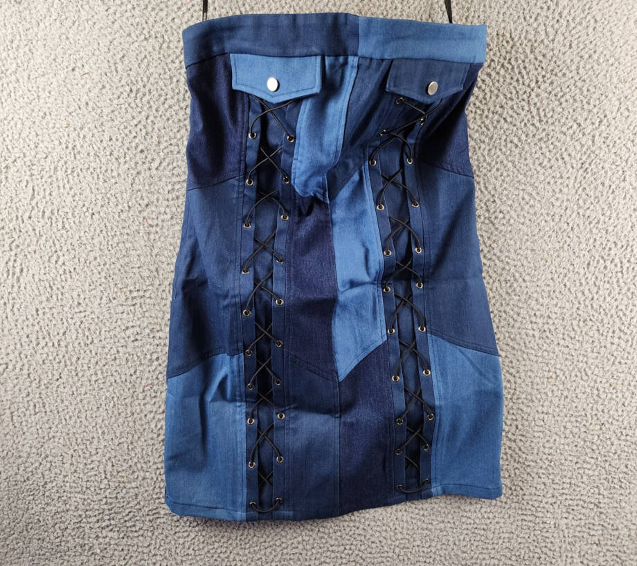 Gracia Criss Cross String Mini Dress Women's M Denim Sleeveless Side Zip Closure