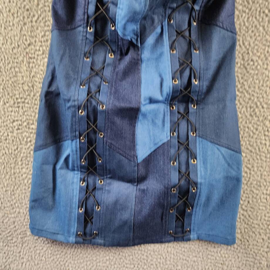 Gracia Criss Cross String Mini Dress Women's M Denim Sleeveless Side Zip Closure
