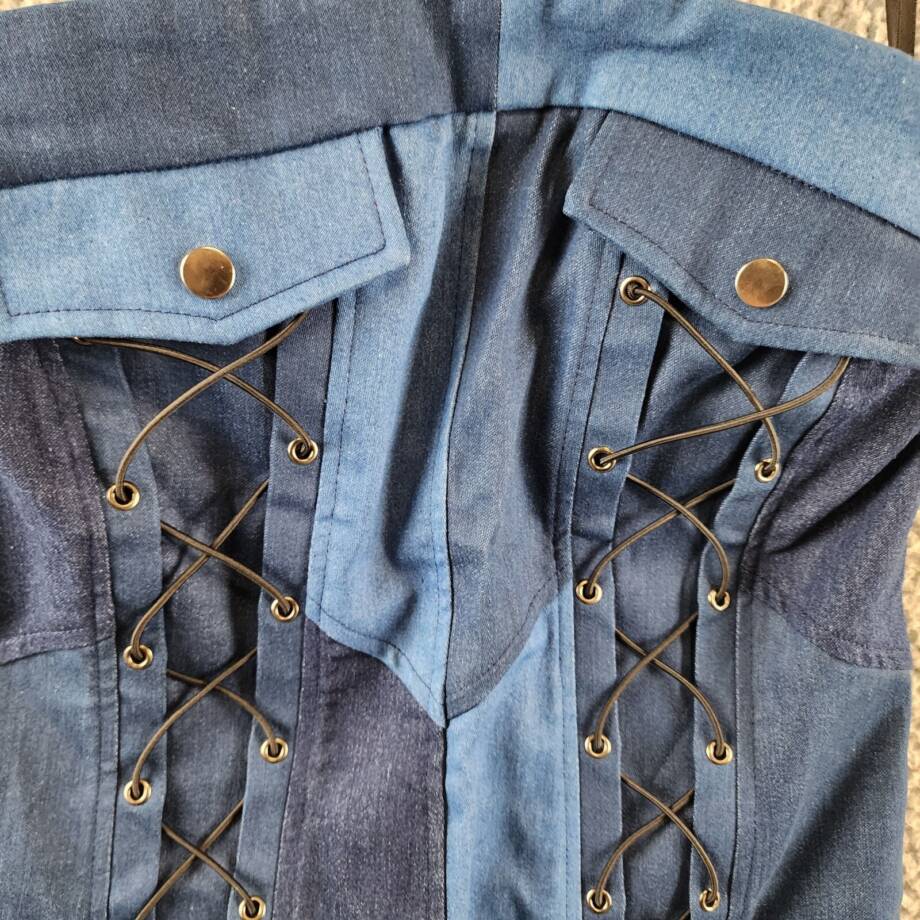 Gracia Criss Cross String Mini Dress Women's M Denim Sleeveless Side Zip Closure