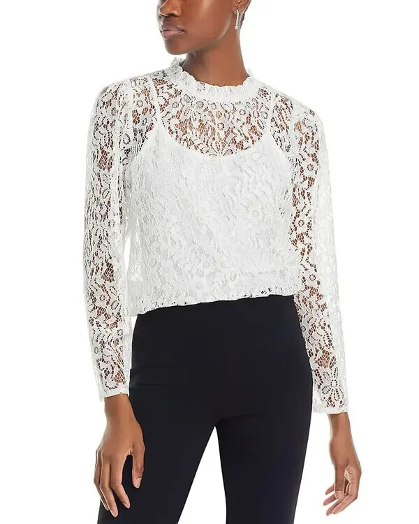 KOKO + MASON Long Sleeve Lace Top Women's S White Ruffled Button Back Closure