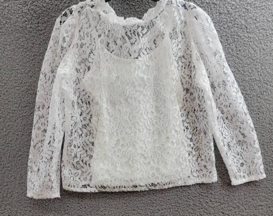 KOKO + MASON Long Sleeve Lace Top Women's S White Ruffled Button Back Closure